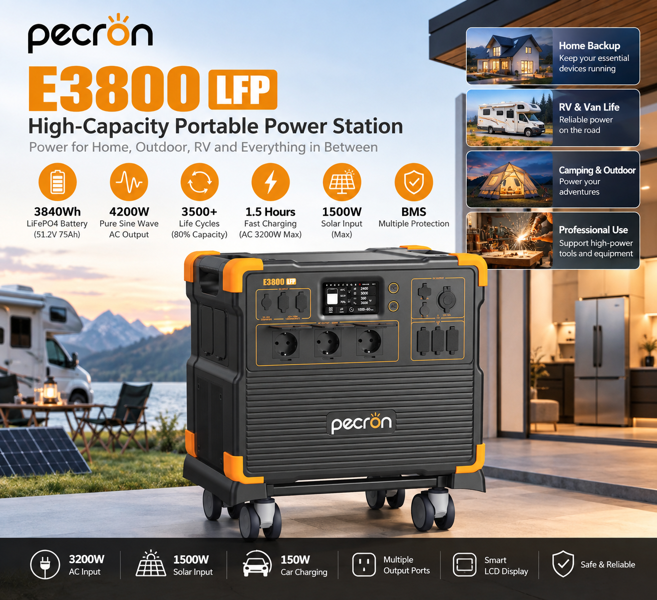 3840Wh High Capacity LiFePO4 Power Station with 4200W Pure Sine Wave Output