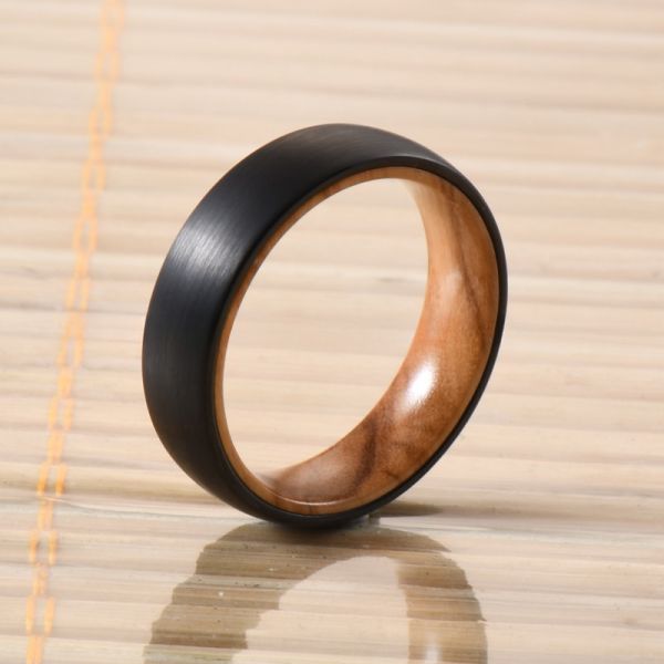 Jewelry Type Dome Style Comfort Fit Men's Wedding Ring with Olive Wood Inlay 6mm Silver or Black Tungsten Ring