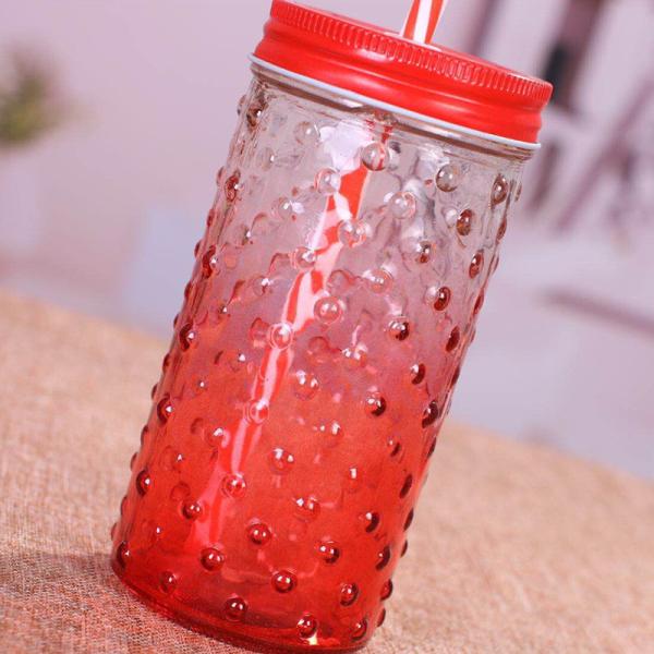 Custom made Big Wavelet dot  Shape glass juice jar mason jar with llid and straw