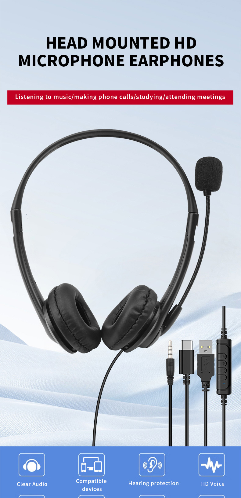 JTY-430 professional call center earphones with microphone, multiple plugs USB/Type-C/3.5mm wired earphones, comfortable to wear earphones, suitable for online learning and business conference calls