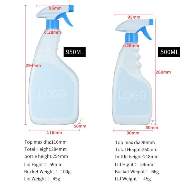 116*294mm 90*218mm Disinfect PET Spray Bottle 950ml 500ml