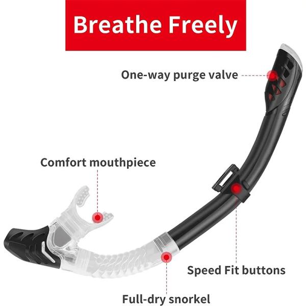 Ensemble de plongée en apnée pour adultes de haute qualité avec vanne de purge en verre revêtue anti-brouillard et bout de bouche en silicium anti-éclaboussures