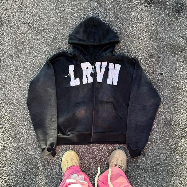Custom Oversized 500gsm Acid Washed Zip Up Distressed Letter Patchwork Embroidery Hoodies