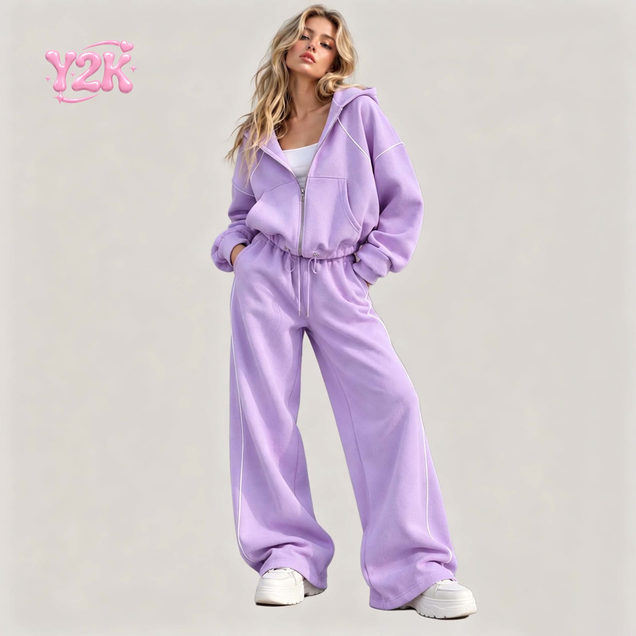 Custom Women Oversized Tracksuit Contrast Stitch Zip Hoodie Wide Leg Sweatpants Casual Lounge Streetwear Matching Two Piece Set