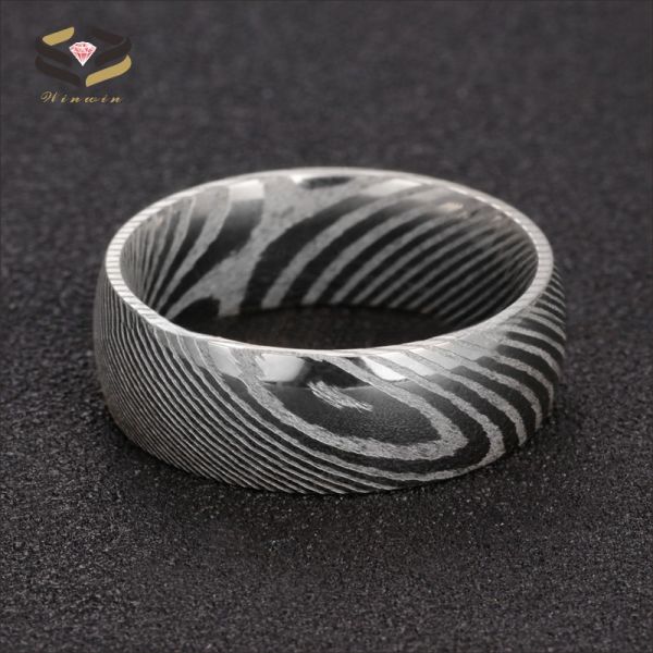 Simple Style 8mm Pure Damascus Steel Men's Wedding Ring with Black Plating