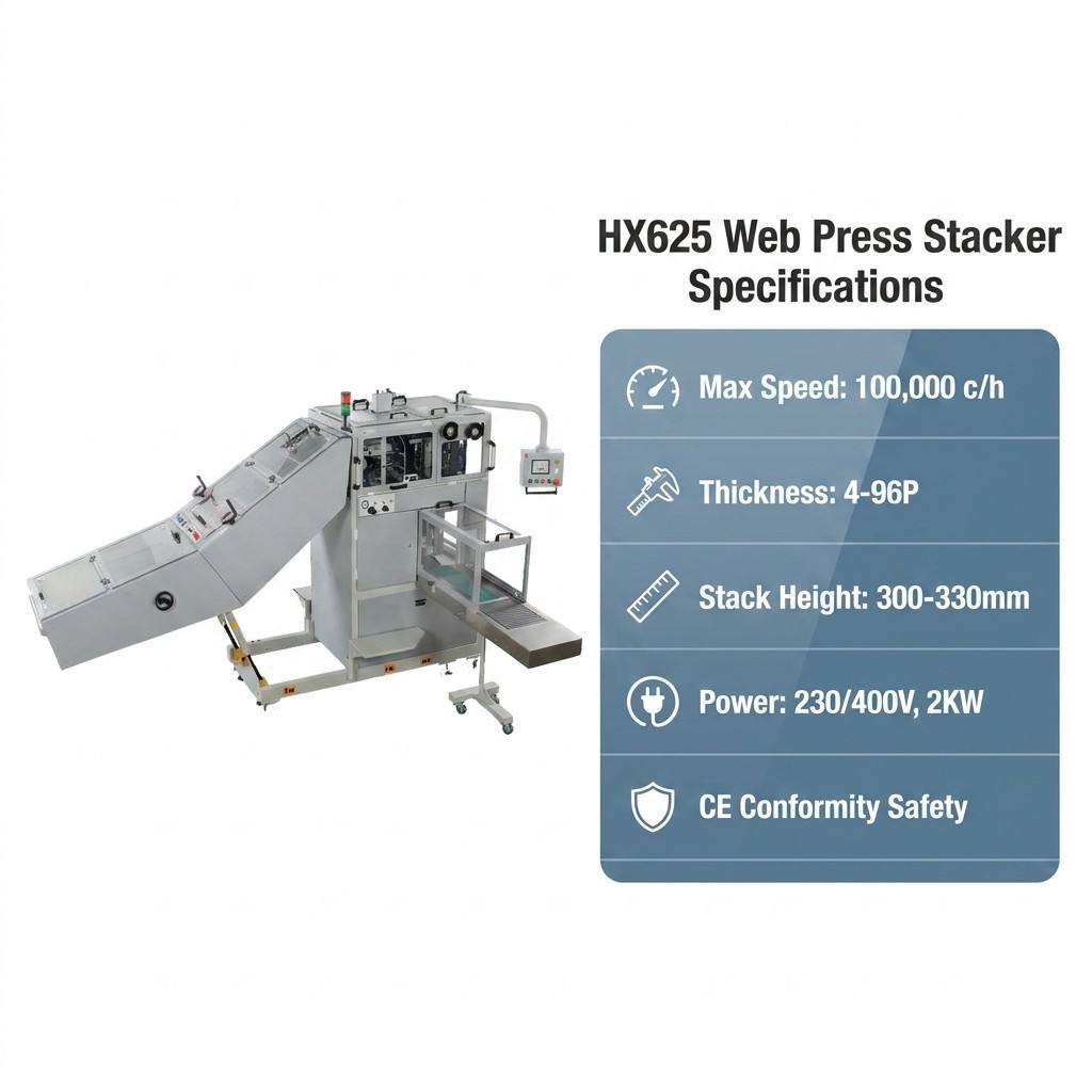 HX625 Web Press Stacker optimized for newspaper web presses and rotary cutters ensuring finished paper stacking