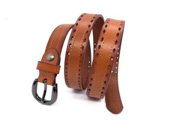 23mm Wide Tan Color Women's Fashion Leather Belts With Hollow - Out Round Alloy Buckle