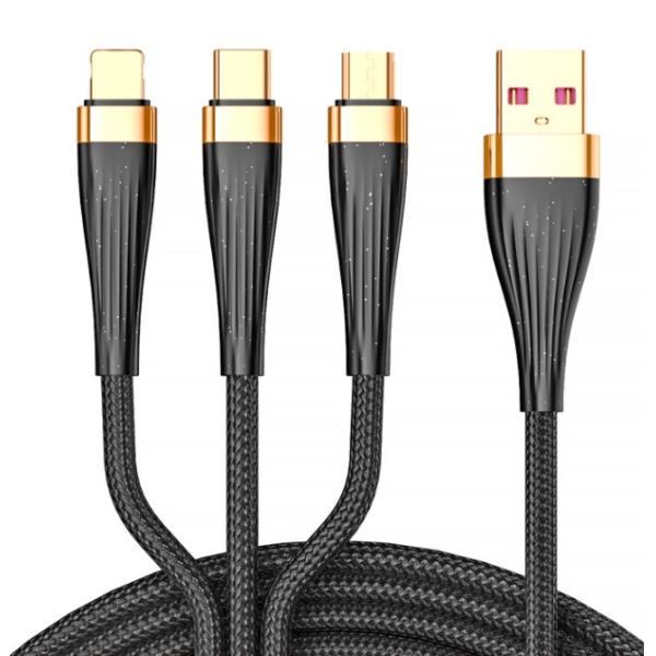 3-in-1 Sparkle USB Charging Cable, Braided TPE 1.25m/2m - Compatible with iPhone/Type-C/Micro-USB Devices