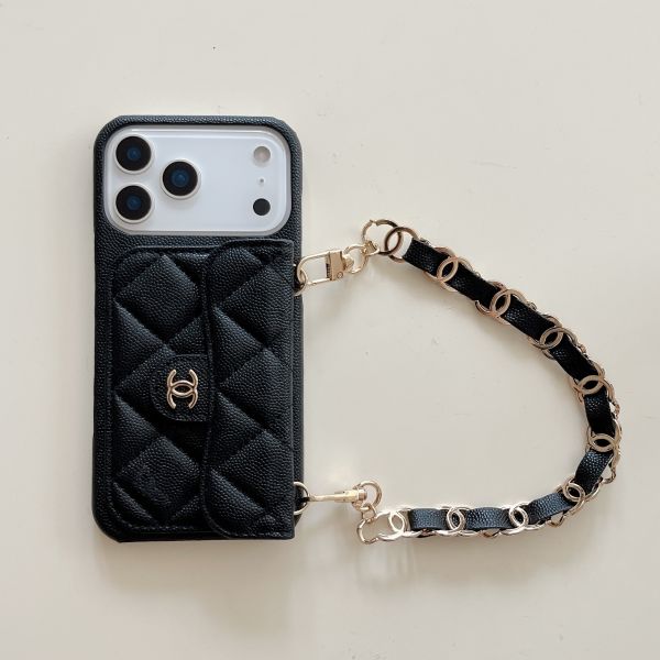 Lychee Pattern Card Holder iPhone 17 Pro Max Phone Case with Handheld Short Chain Leather 16 Pro Protective Cover