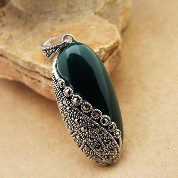 Thai 925 Silver Green Agate Marcasite Pendant and 18 Inches Chain(N11065GREEN)