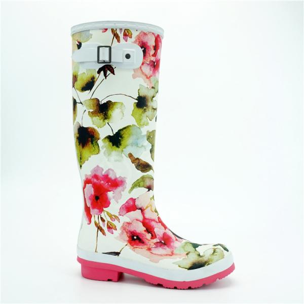 Wear Resistant Knee Length Rubber Boots , Flower Printed Garden Rubber Rain Boots