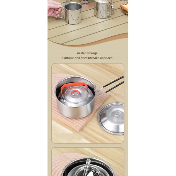 Hot Sale 304 Stainless Steel Outdoor Camping Cookware Mess Kit Portable Picnic Pot Pan Camping Cooking Set
