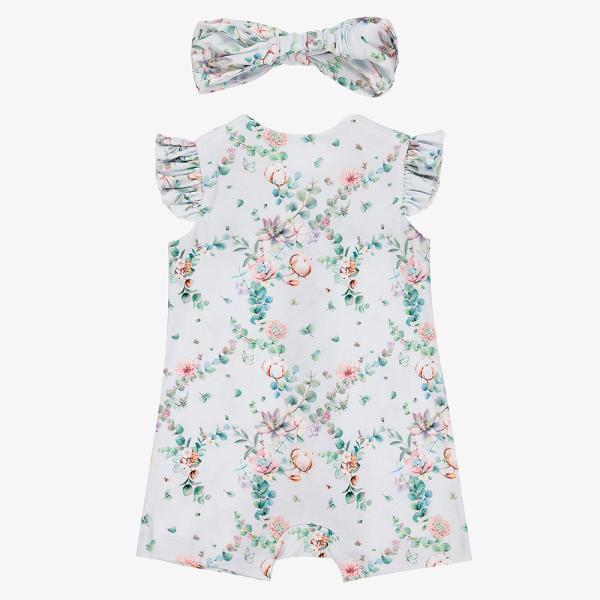 2pcs Sets Baby Cute Casual Summer Breathable Allover Flower Printed Falbala Sleeve Baby Jumpsuit
