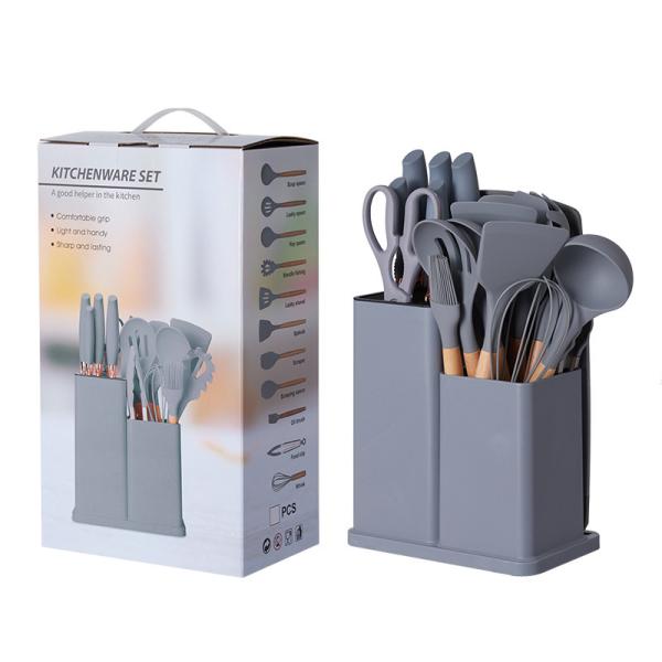 Wooden Handle 19-Piece Silicone Kitchen Utensil Set with Cutting Board Storage Bucket