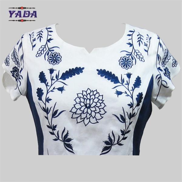 Elegante bordado de pescoço redondo verão de uma peça festa vestido de balanço vestidos de jantar vestidos ocidentais para senhoras