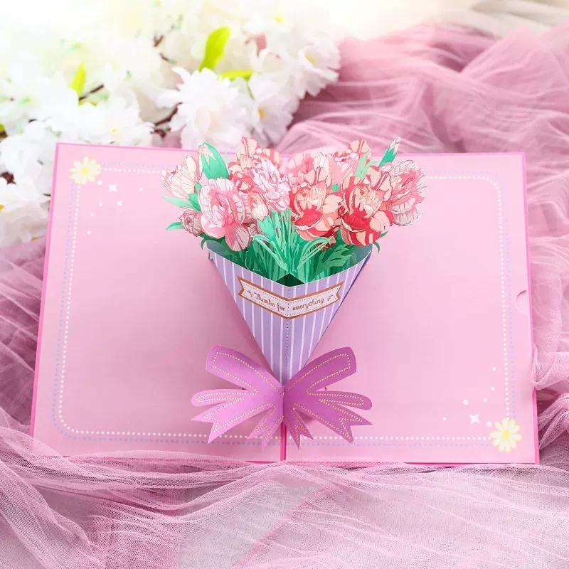 3D Floral Bouquet Pop Up Greeting Card With Striped Cone Design