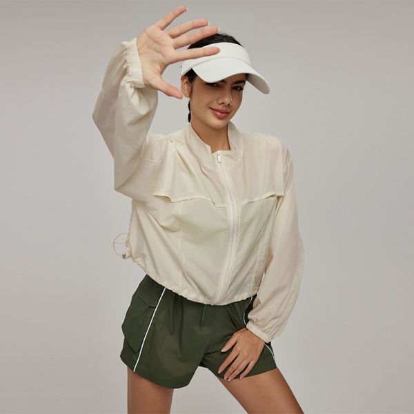 Women's Coral Sheer Nylon Windbreaker Jacket Full Zip Loose Fit for Outdoor Sports