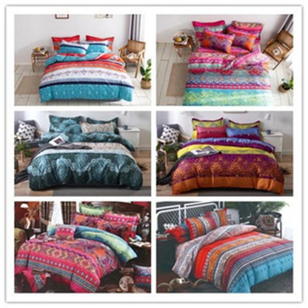 Home Hotel Bohemian Double Duvet Cover Set Blue with Brown Boho Quilt Bedding Set