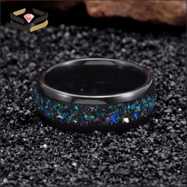 L'anneau de mariage en carbure de tungstène noir à dôme pour homme 8 mm avec incrustation d'opale Galaxy