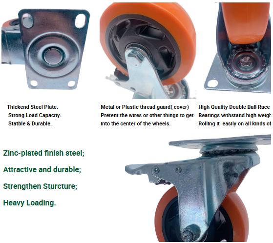 2″ / 3″ / 4″ / 5″ Orange Industrial Caster Wheels – Medium-Duty PU Casters with Swivel & Fixed Options