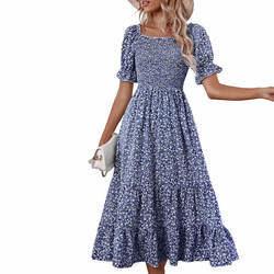                  Floral Print Dresses Short Puff Sleeve Square Neck Shirred Detail MIDI Women Dresses             