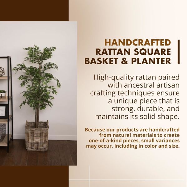 Large Square Rattan Basket, Handmade, Living Room, Blankets, Toy Bin, Extra Storage, Decorative Storage, Laundry Basket, Linens, Gray & Brown, Large