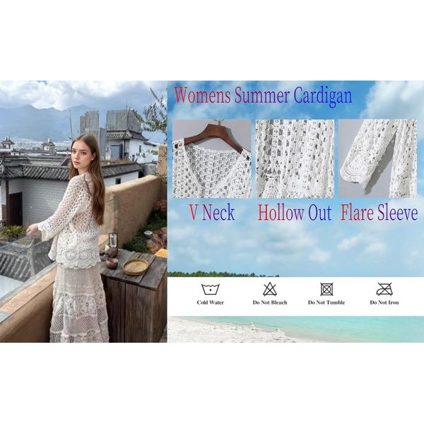 Long Sleeve Cardigan Hollow Out Women Crochet Cardigan Lightweight Tie Front Hollow Out Long Sleeves Summer Knit Cover Cardigans Open Front Scalloped Mesh Beach Shrug Coat Beige