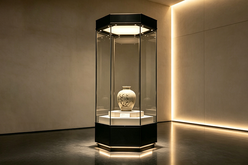 Octagon Shape Museum Display Showcase with Anti-Reflective UV-Blocking Glass for Artifacts