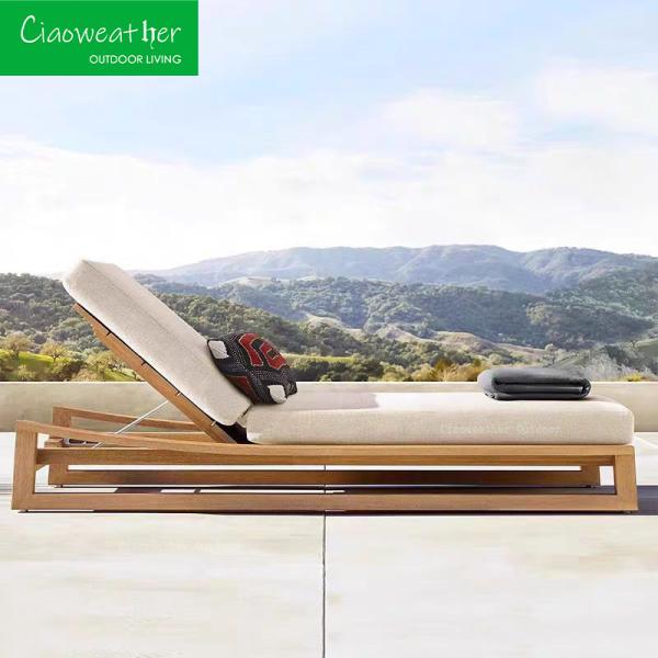 Modern Teak Chaise Waterproof Cushioned Sun Lounger for Luxury Outdoor Pool and Beachside Relaxation