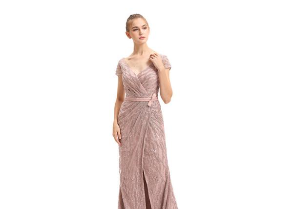 Beading Stones Split Long Womens Evening Gowns Deep V Neck / Arabic Party Dress