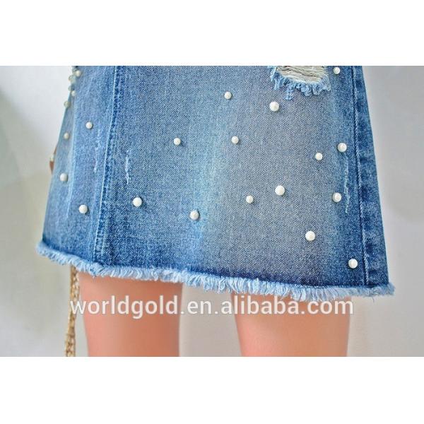 Custom Women A LINE Damaged Denim Skirt With Pearls And Frayed Hem