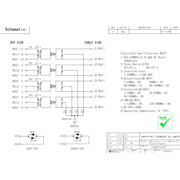 Гигабит магнитное RJ45 Jack 0826-1C4T-23-F1 с Ультра-Ярким СИД в доске PCB
