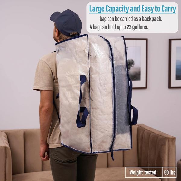 Heavy Duty Extra Large Clear Moving Bags W/Backpack Straps Strong Handles & Zippers, Storage Totes For Space Saving