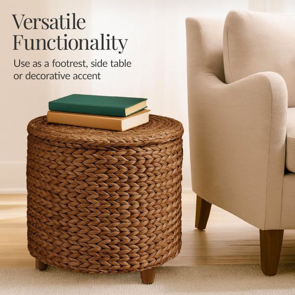 Tall Water Hyacinth Wicker Basket with Handles | Natural, Brown, Natural Bathroom Trash Can Boho Style - Wicker Trash Can With Lid For Household, Kitchen - Removable Liner, Iron Frame