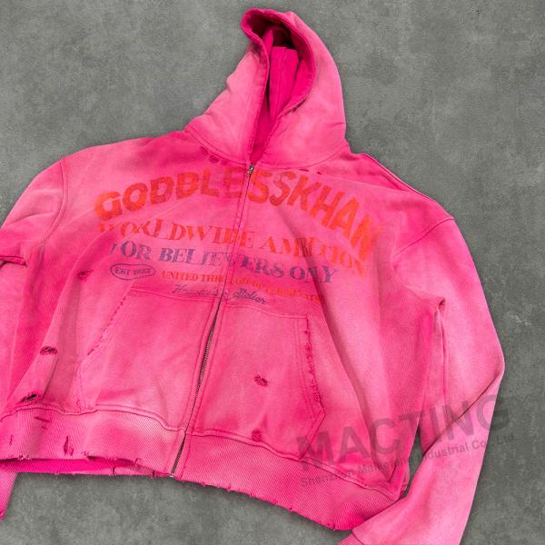 Custom 500 Gsm Heavyweight Distressed Hoodie Zip Up for Men/Unisex in Autumn