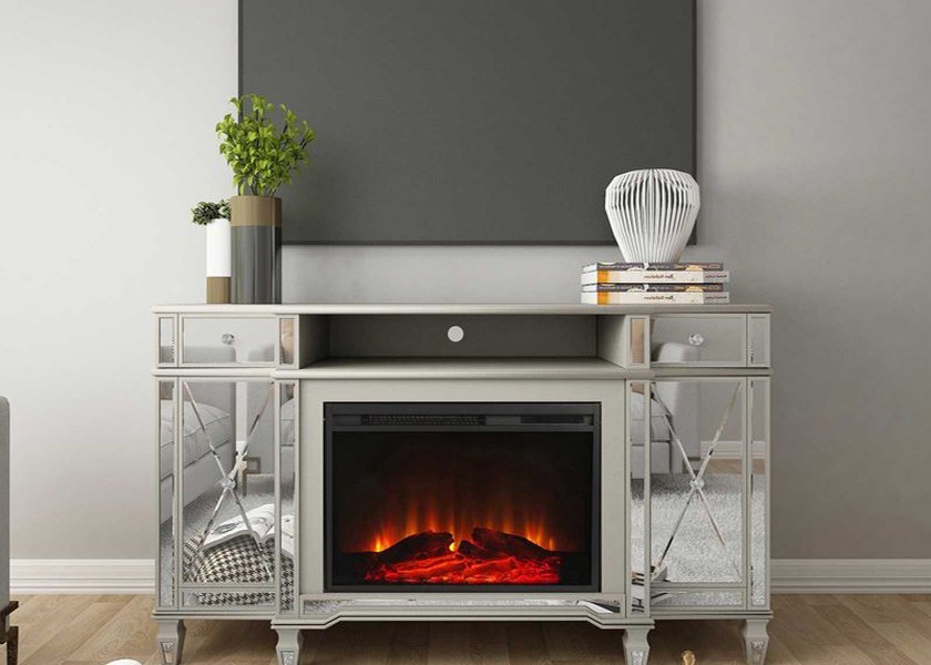 Luxury Silver Mirror Finish Electric Fireplace TV Stand with MDF Construction and 59''X20''X35'' Size