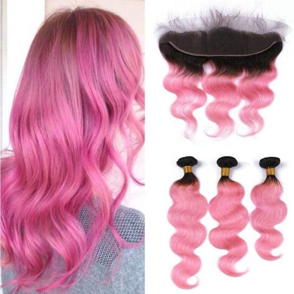 Brazilian Human Hair Body Wave Hair 1B/Pink Color Bundles With 13*4 Frontal Lace Closure with baby hair