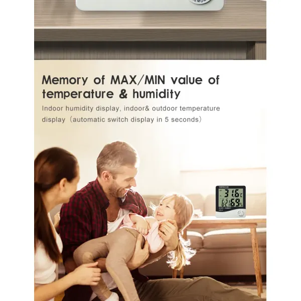 HTC-2 Indoor Outdoor Hygro Thermometer with Temperature Display Memory Calendar Clock