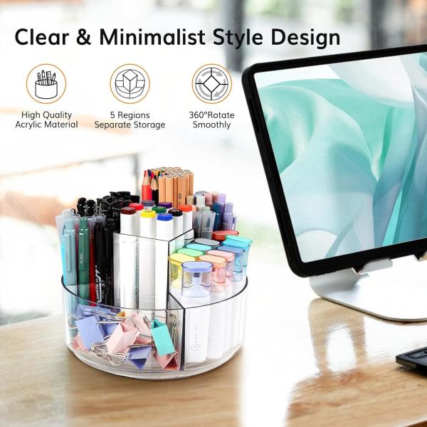 5 Slots 360-Degree Spinning Acrylic Pen Holder for Desk, Marker Holder Caddy Art Supply Organizer Pen Organizer for Desk