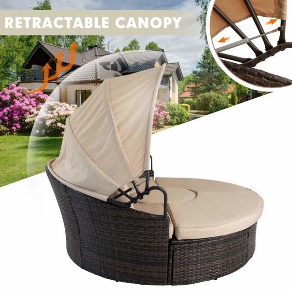 Modern Hotel Outdoor Furniture Patio Rattan Round Flip Top Daybed With Canopy Cushion For Backyard Porch
