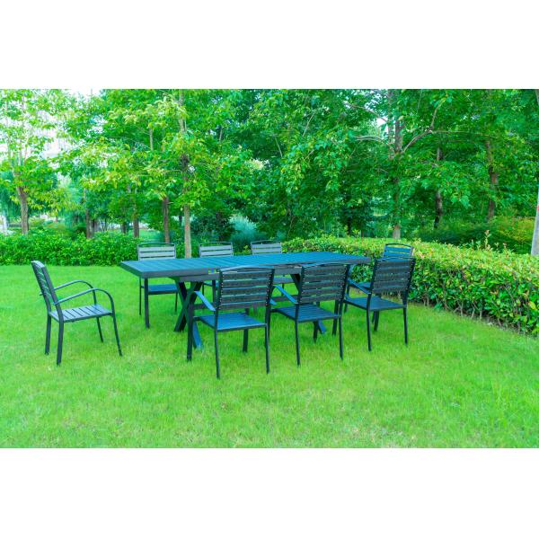 9 Pieces Black Plastic Wood Modern Outdoor Garden Furniture Table Set 8-10 Seater Extendable Patio Dining Table Chairs