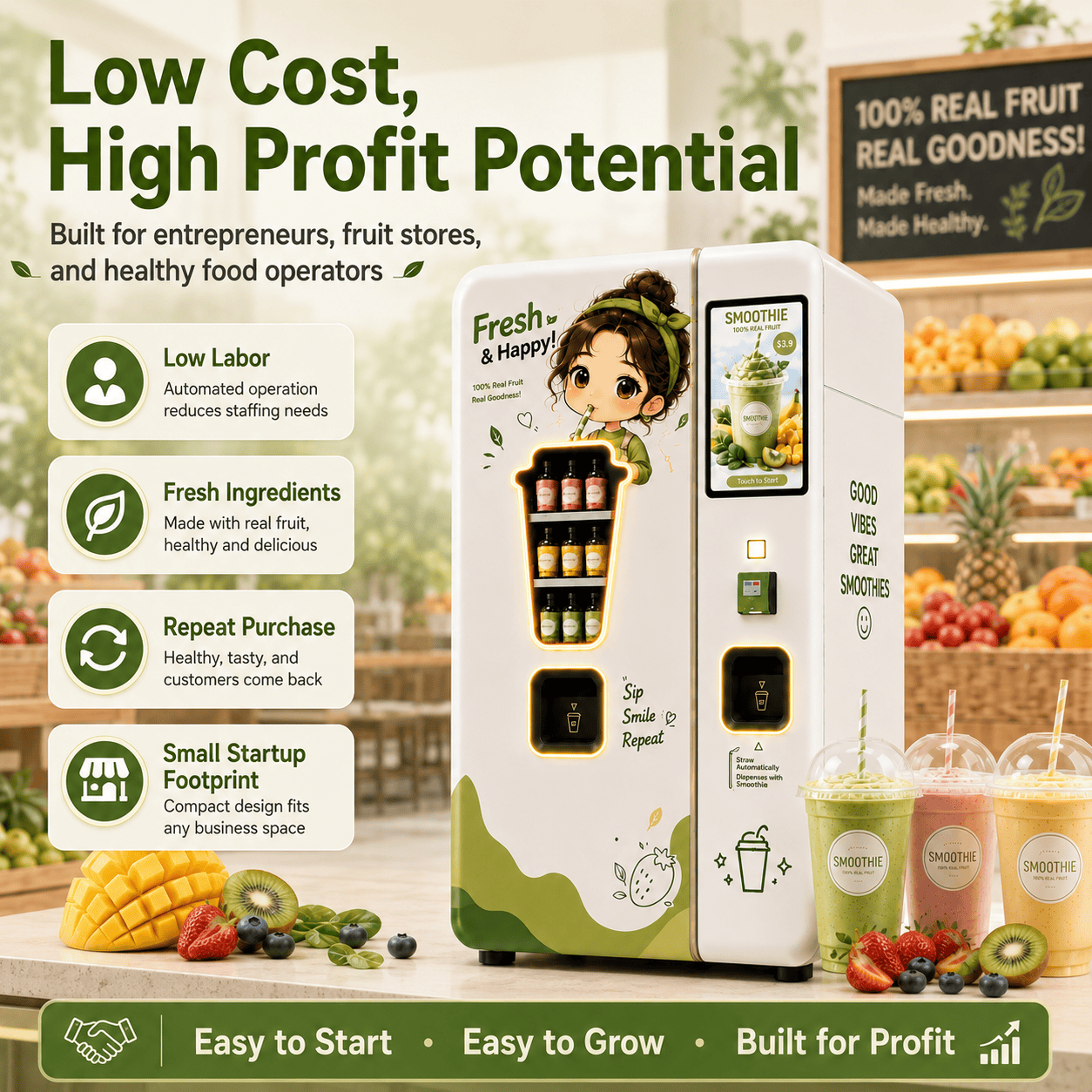 Small Fresh Smoothie Vending Machine with Automatic Blender, Smart Payment System, 21.5-Inch Touchscreen, Self-Cleaning Function for Healthy Beverage Retail Business