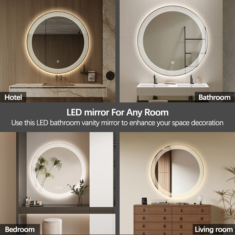 Round LED Smart Mirror with 3 Color Temperature Adjustable Anti-Fog and Touch Control