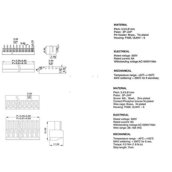 3.81mm Pitch PCB Pluggable Screw Terminal Blocks Plug + Right Angle Pin Header Black