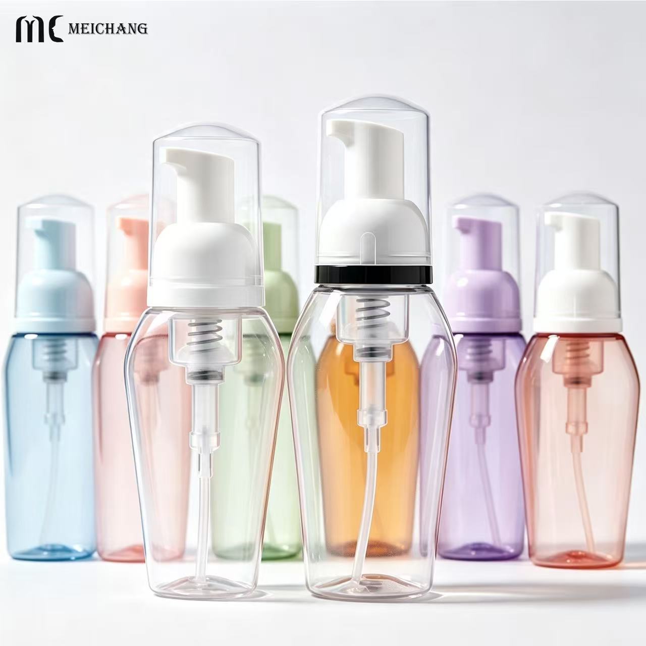 Custom PET Foaming Pump Bottle with Clear Protective Cap, 50ml & 80ml Special-Shaped Foam Pump Bottle（MC-1808）