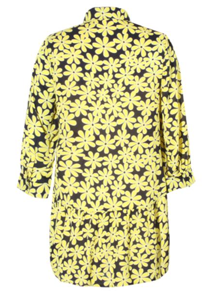 High Collar Outsize Womens Clothing Flower Printed Long Blouse With Buttons