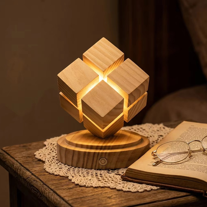 Novel Wooden Four Step Magic Cube Warm Light Lamp for Kids Gift Wood Base Table Night Light