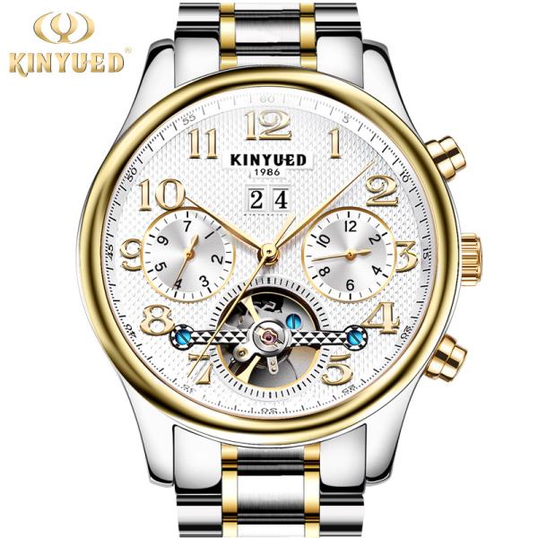 KINYUED  stainless steel automatic mechanical watch for men skeleton water resistant watch