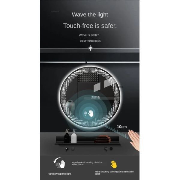 Simple flameproof Led Smart Touch Screen Anti-fog Round Sensor Mirror with Light(WH-MR-101)