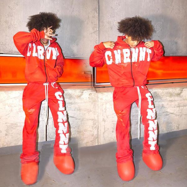 Distressed Acid Wash Vintage Streetwear Tracksuit 2 Piece Sweatsuit Set Regular Fit